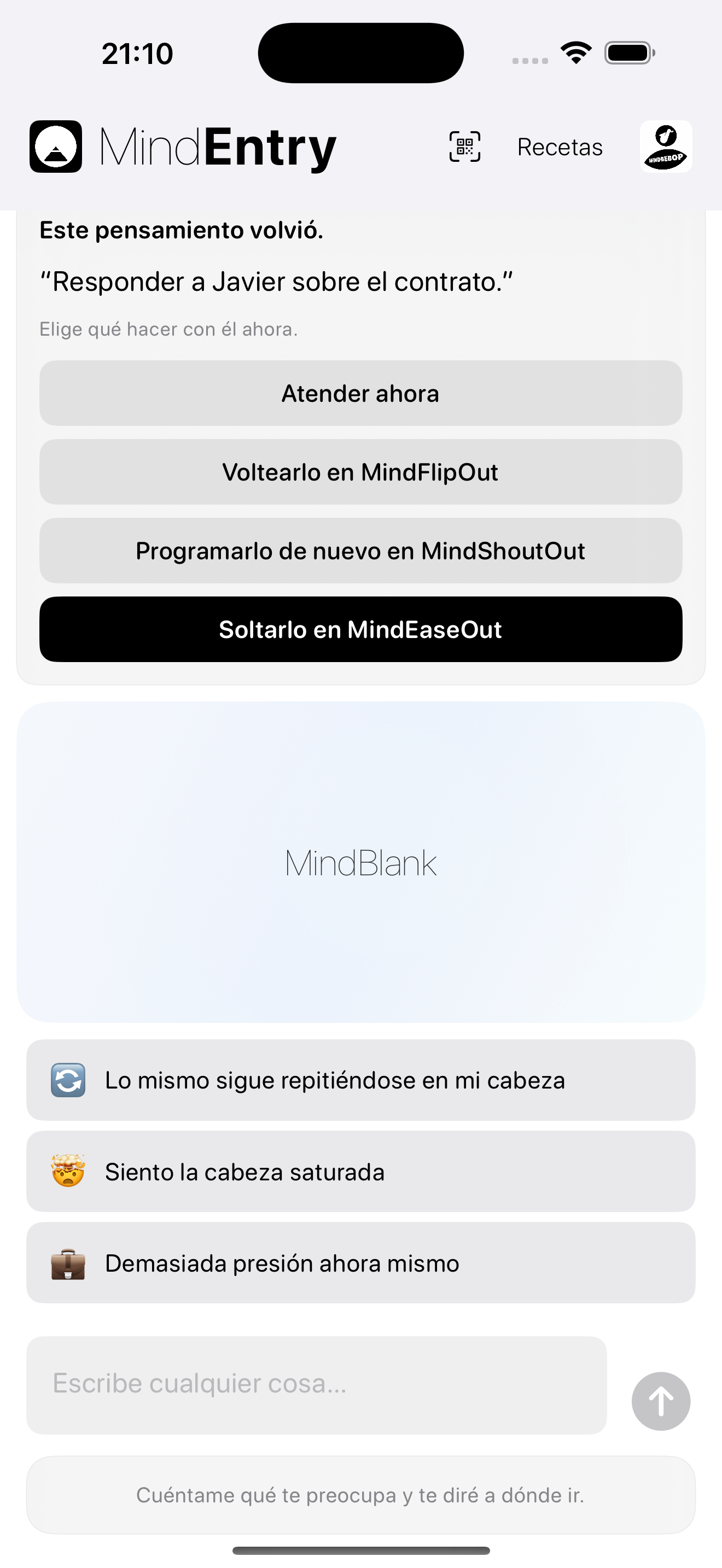 Prompt de MindPreCog para un pensamiento que regresa en MindEntry