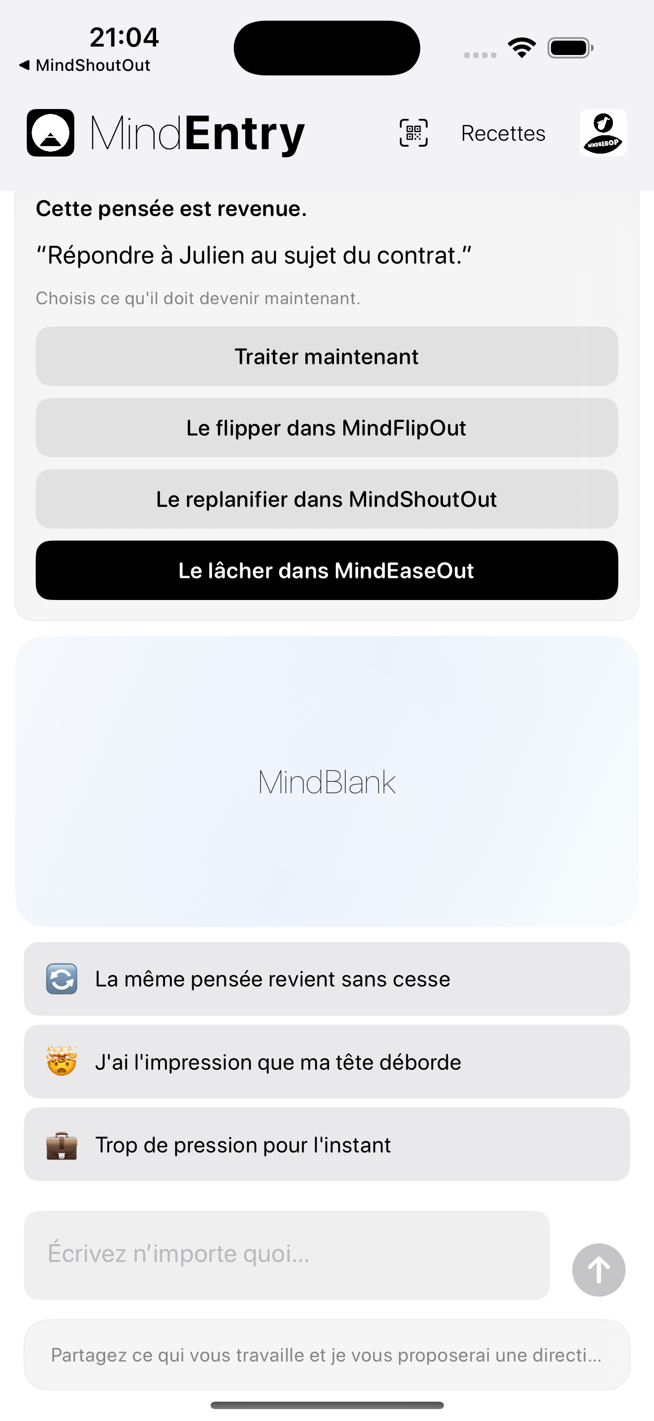 Prompt MindPreCog pour une pensée revenue dans MindEntry